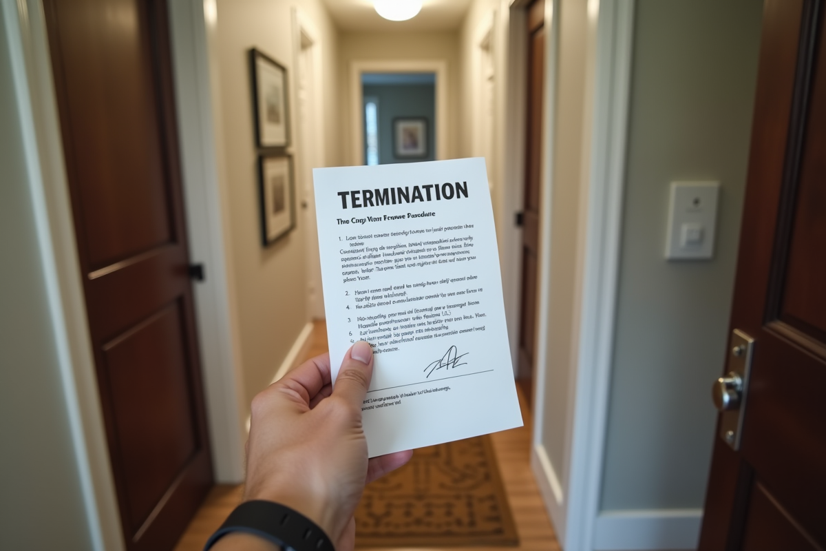 Main tenant tenant un avis de résiliation devant une porte d