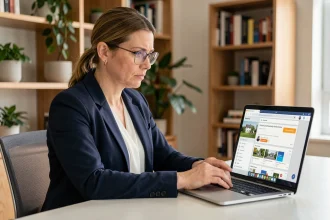 Femme consultant un avis sur une plateforme de location de services en ligne depuis son bureau à domicile