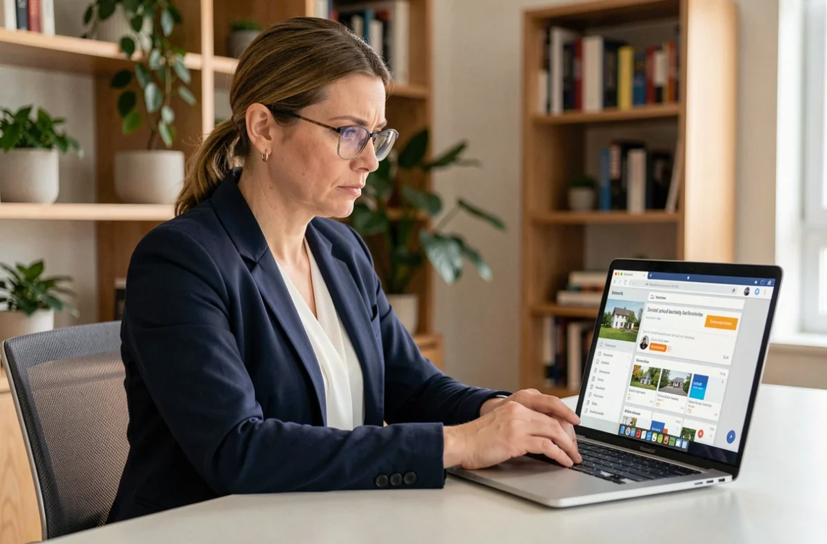 Femme consultant un avis sur une plateforme de location de services en ligne depuis son bureau à domicile