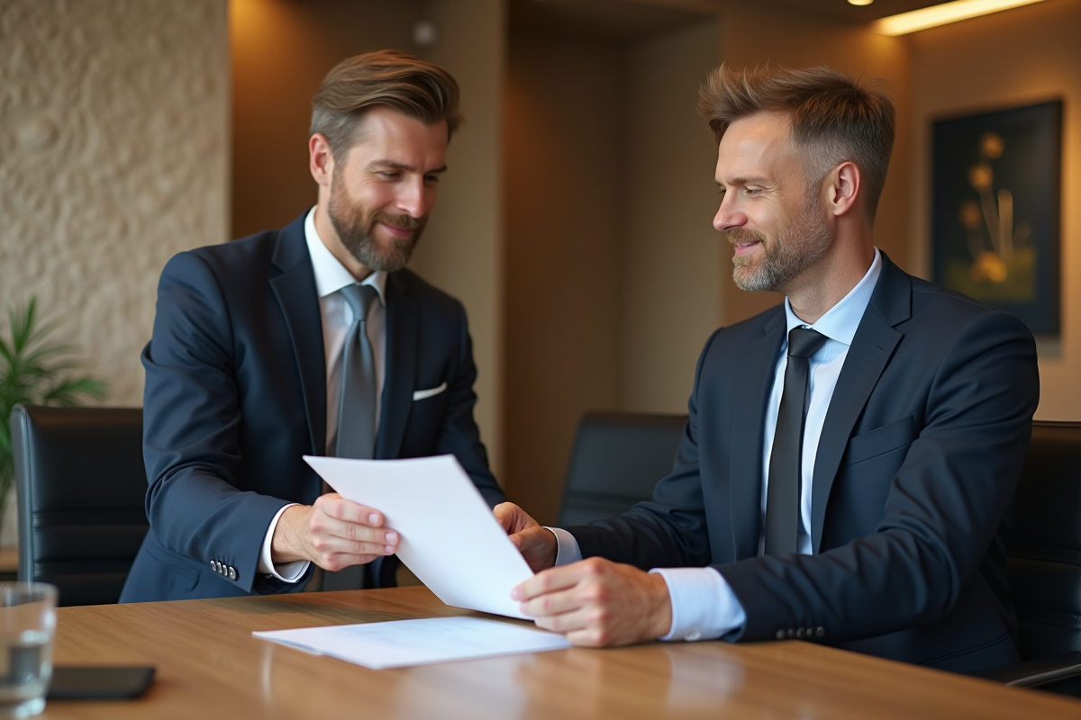 Conseiller bancaire professionnel remettant un document de prêt immobilier