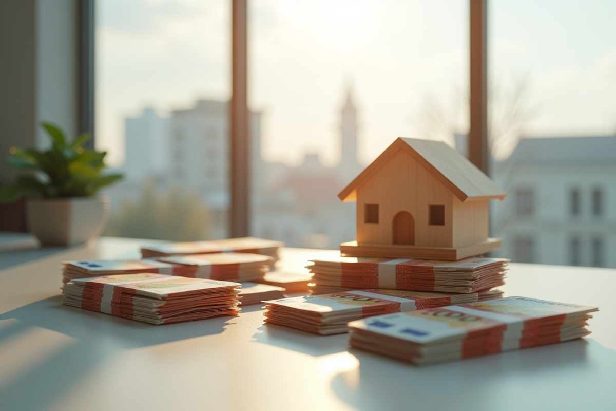 Tas de billets euros et petite maison en bois sur une table lumineuse