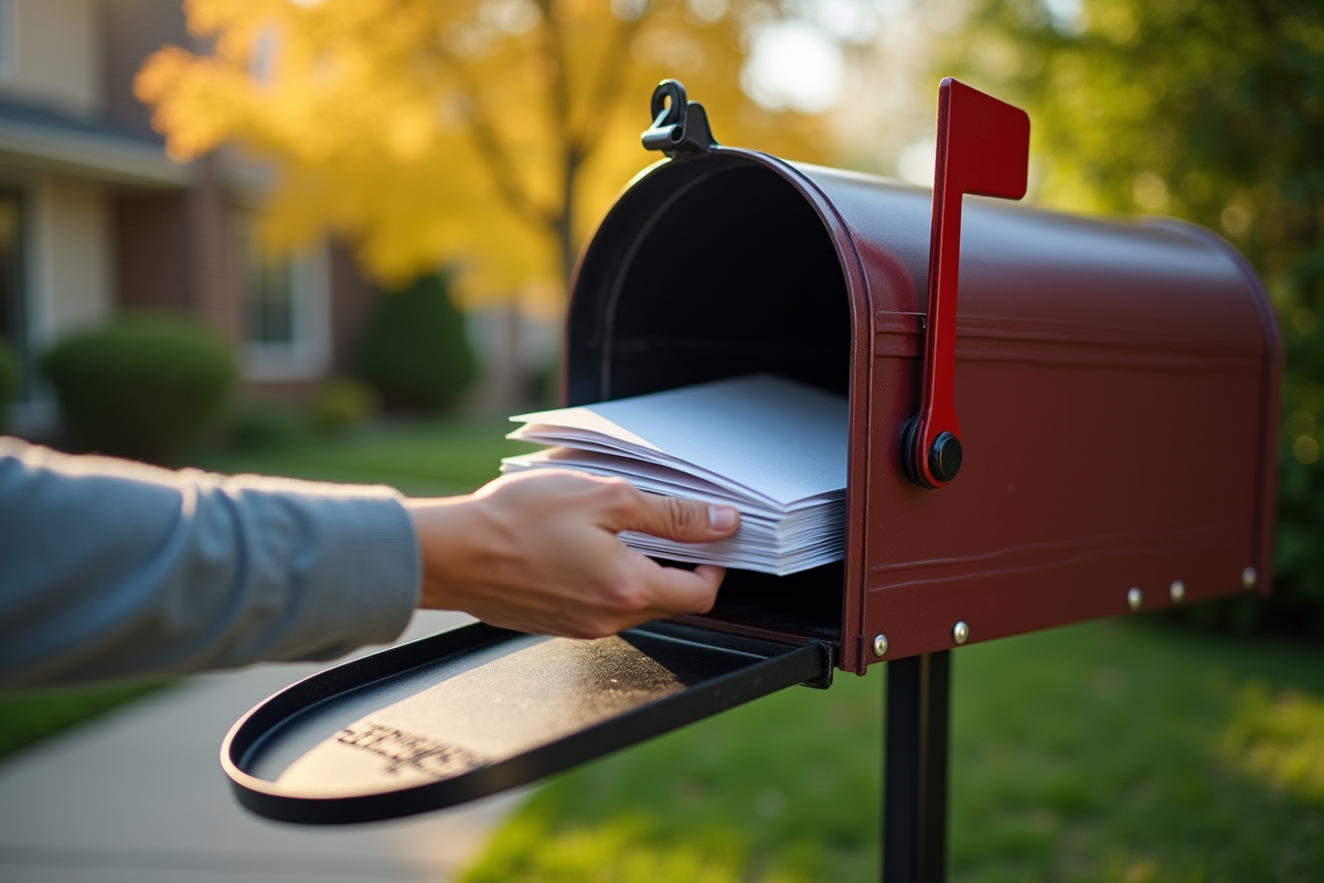 Boîte aux lettres ouverte avec lettres dans un quartier résidentiel au matin