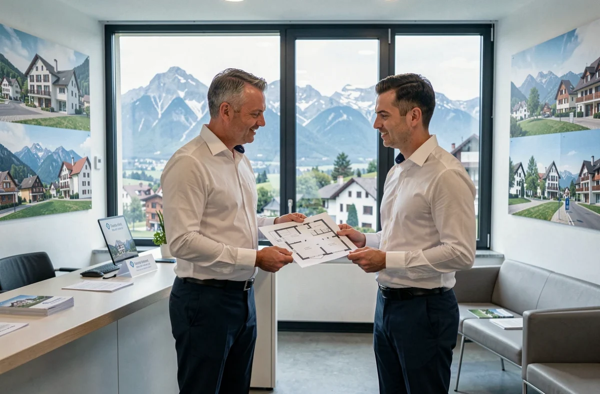 Agent Boyer Torrollion Immobilier présentant un plan d'appartement à un locataire dans leur agence de Grenoble avec vue sur les Alpes