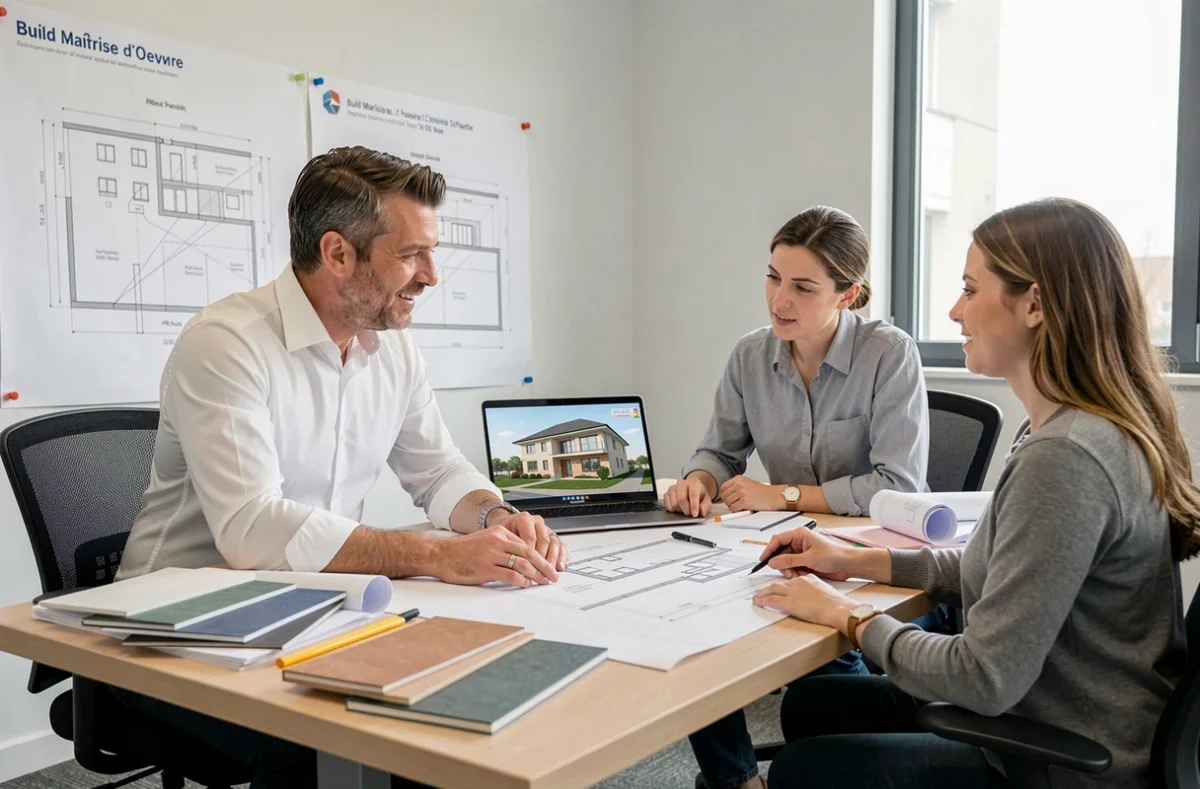 Réunion de maîtrise d'oeuvre avec plans architecturaux chez Build en Ille-et-Vilaine