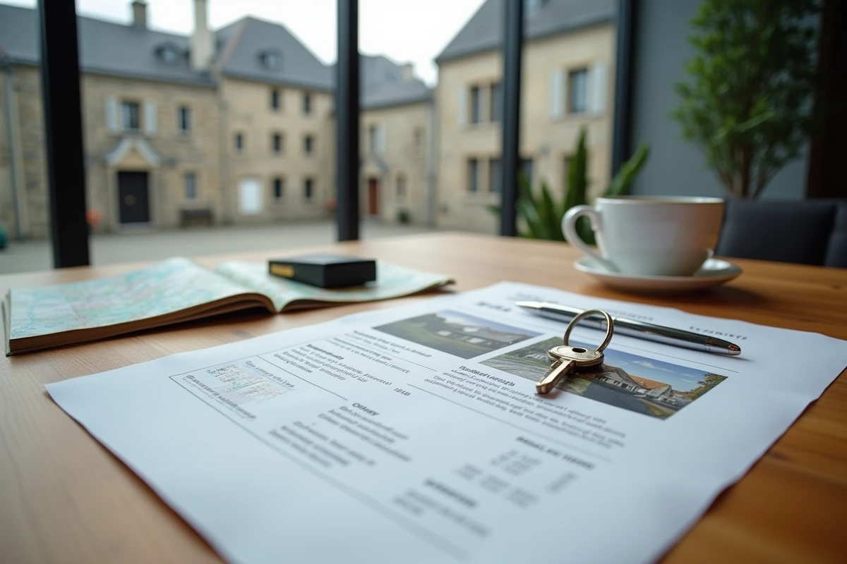 Bureau d'agence immobilière avec documents de vente, clés et carte de Plélan-le-Grand
