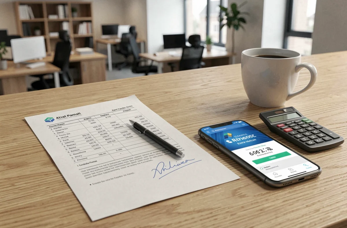 Bureau d'agence immobilière avec calendrier de versement de loyer, smartphone affichant un virement bancaire et documents signés pour propriétaire