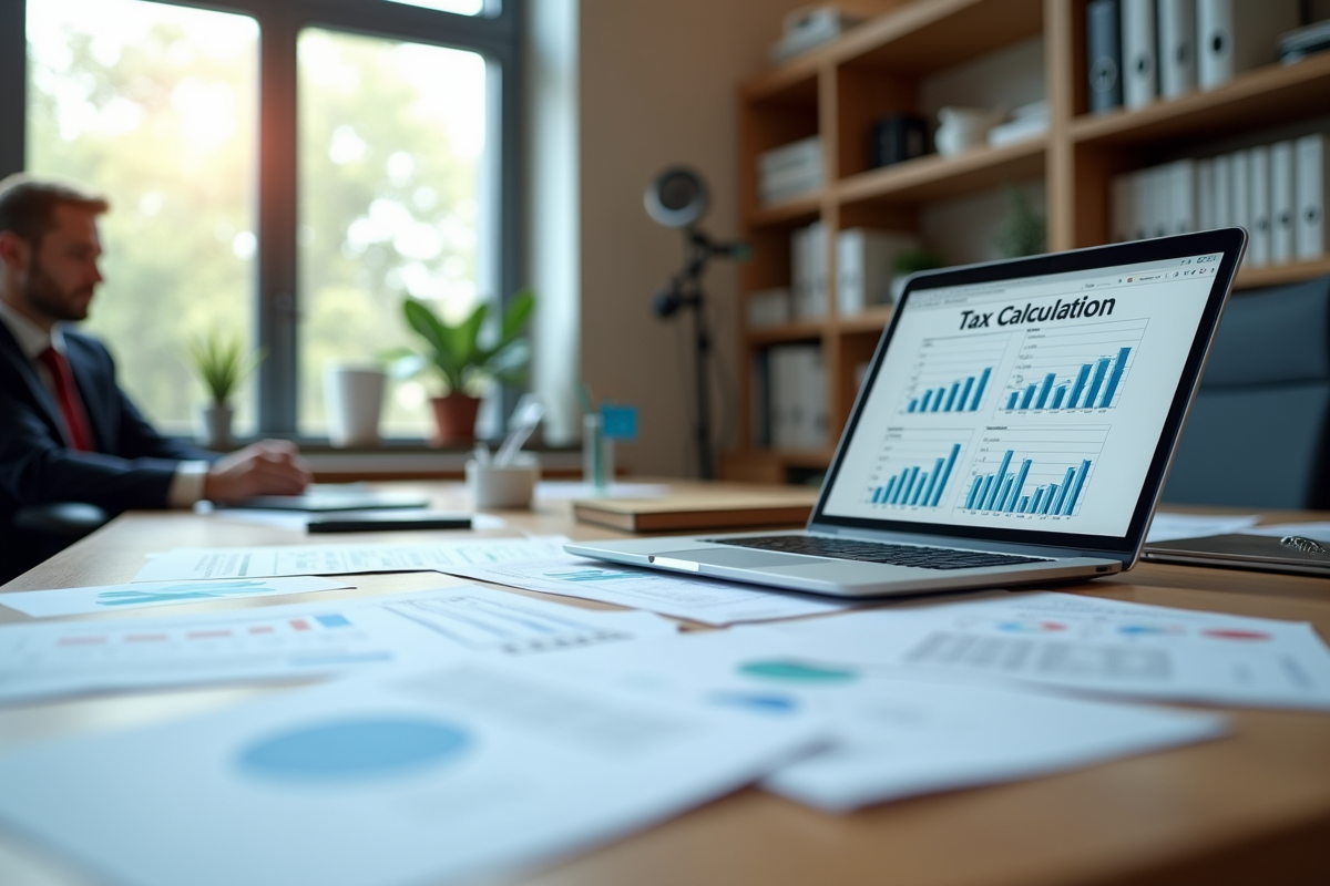 Bureau municipal avec documents fiscaux et ordinateur