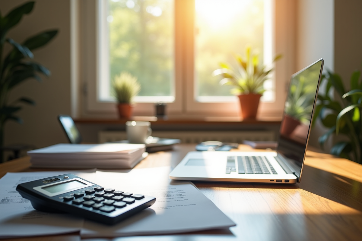Bureau organisé avec ordinateur et lumière naturelle