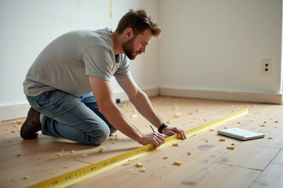 Homme mesurant la surface d'un parquet avec un mètre ruban jaune dans une pièce en rénovation