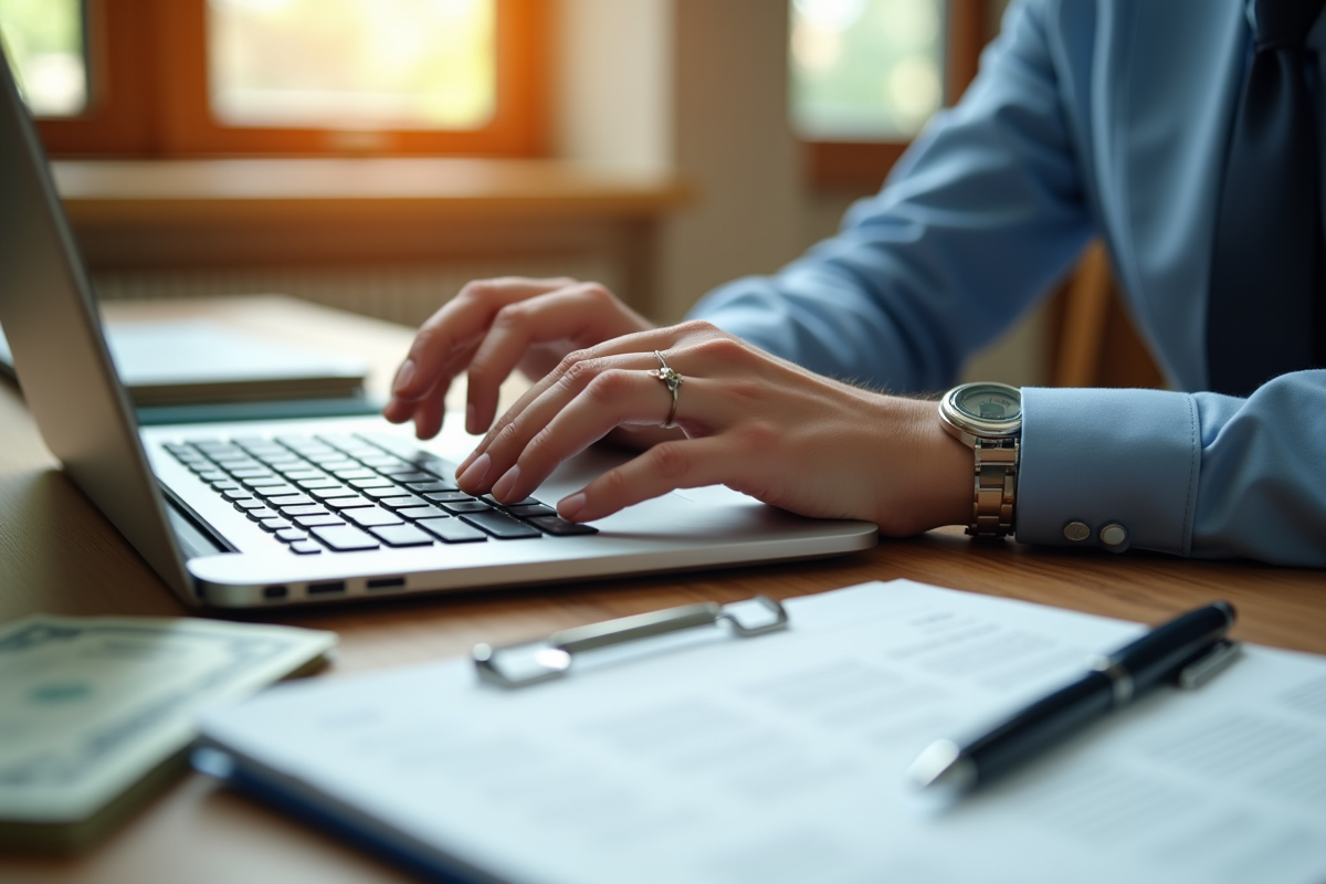 Main tapant sur un ordinateur avec calculateur de loyer et factures