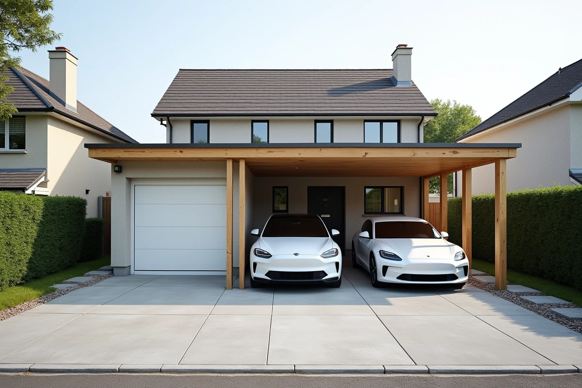 Carport en bois et garage attenant sur une propriété résidentielle avec dalle béton et allée pavée