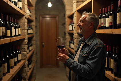 Homme inspectant bouteilles de vin dans cave en pierre