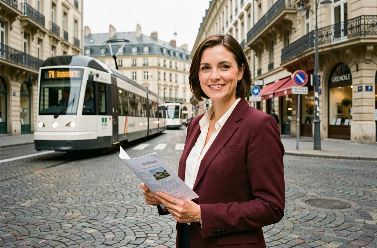 Consultante Century 21 tenant des documents de gestion locative dans une rue de Lyon avec ambiance urbaine de Grenoble en arrière-plan