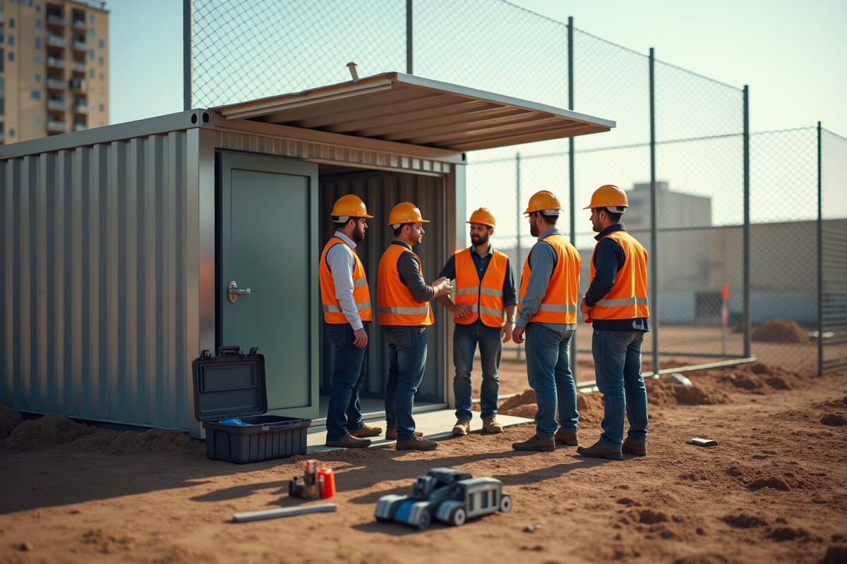 Chantier de construction en journée avec ouvriers et chef