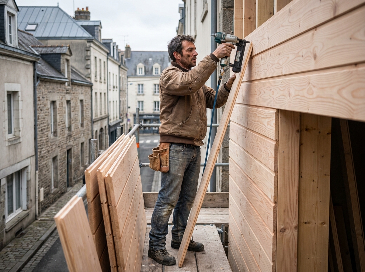 Charpentier posant un bardage bois sur une extension de maison urbaine à Nantes avec façades haussmanniennes en arrière-plan