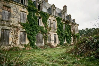 Façade d'un château abandonné en pierre avec lierre envahissant et fenêtres condamnées, vue extérieure grand angle