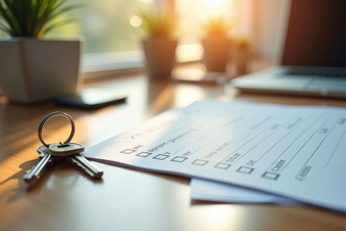 Clés de maison et checklist sur un bureau en bois en lumière naturelle