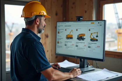 Chef de chantier parisien comparant des plateformes de location de matériel BTP sur un écran d'ordinateur dans un bureau de chantier moderne