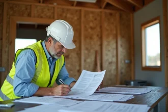 Chef de chantier examinant un contrat de travaux avec clauses de révision de prix sur un bureau de chantier