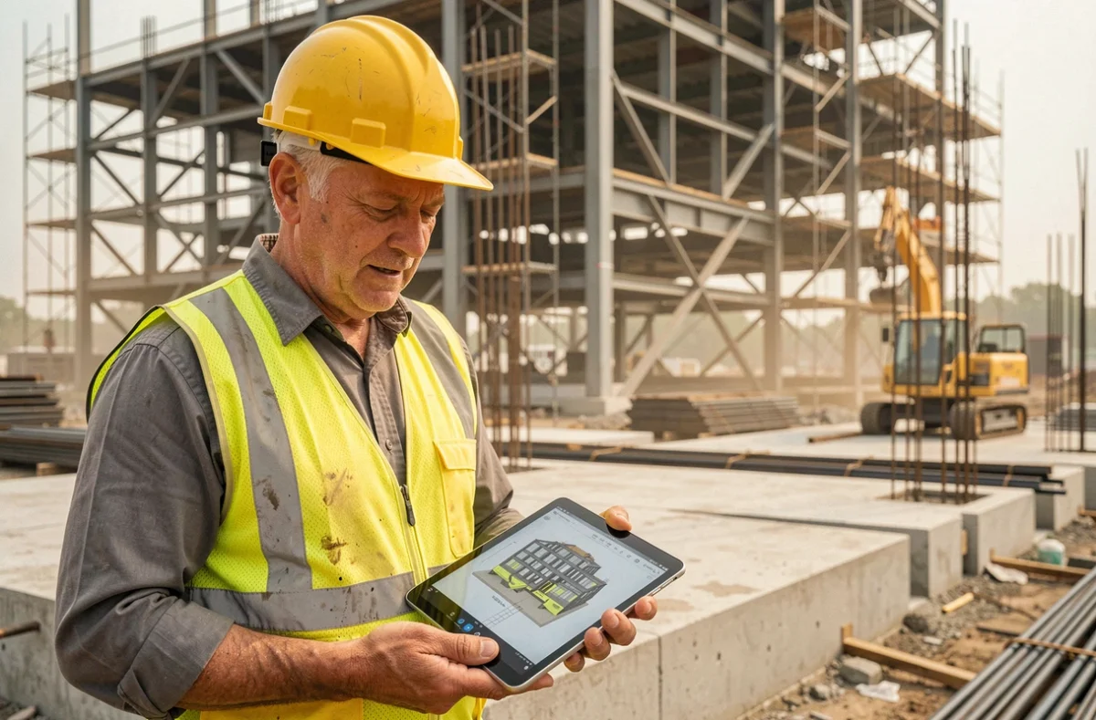 Chef de projet sur chantier comparant un modèle BIM numérique à la structure en construction pour prévenir les risques