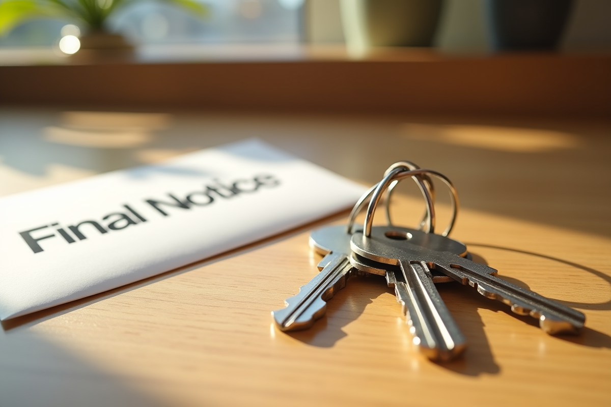 Jeu de clés et avis de final notice sur un plan de travail en bois