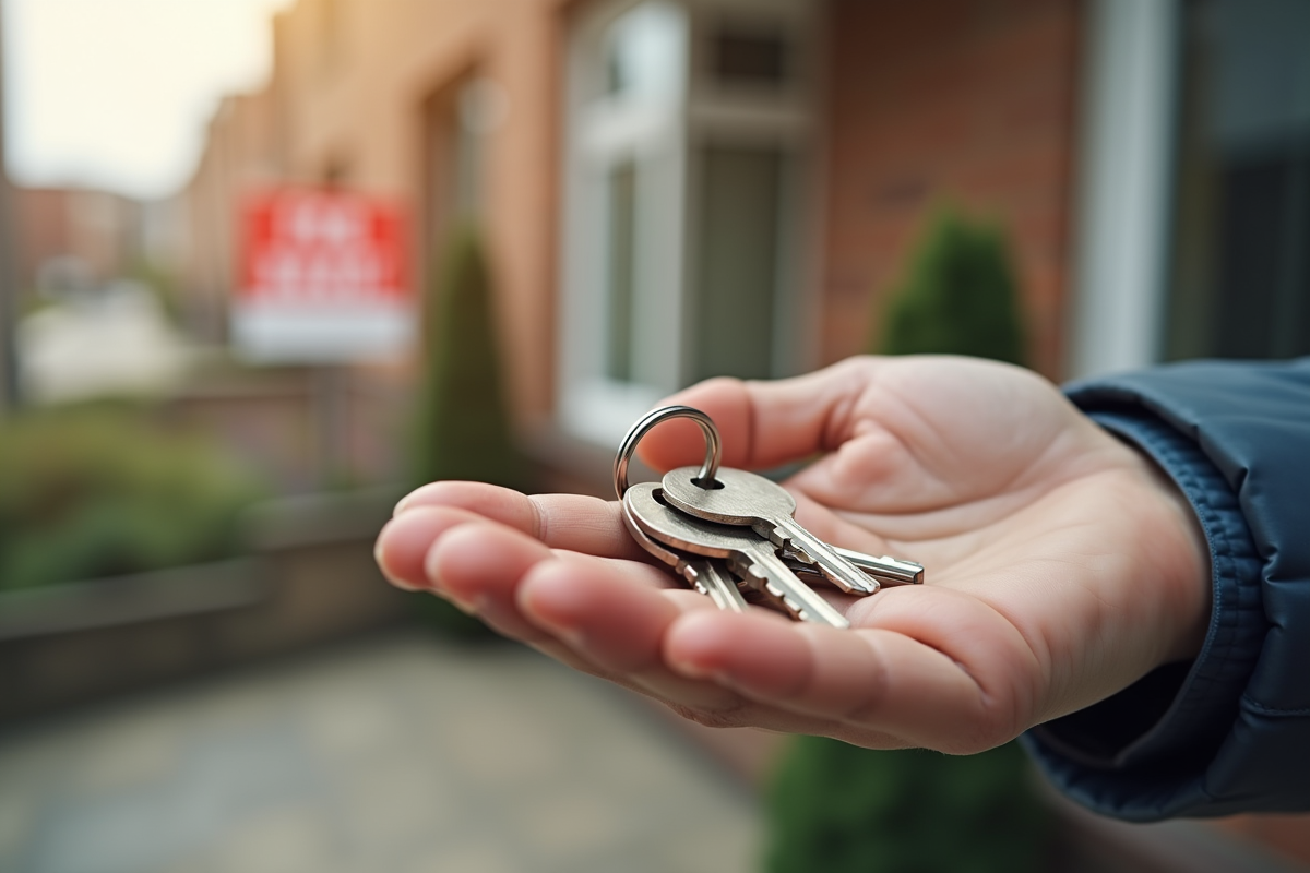 Main tenant des clés d appartement avec panneau a louer