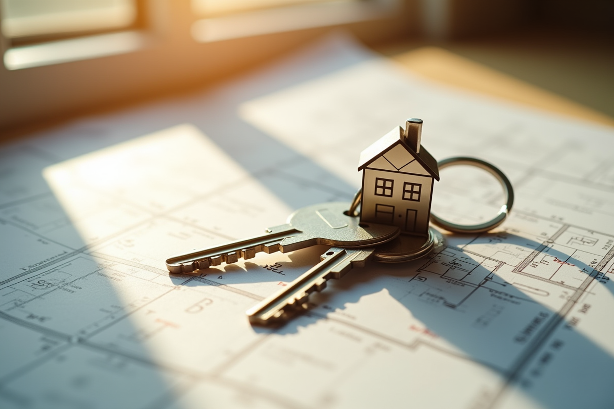 Clés avec porte-clés maison sur plan architectural