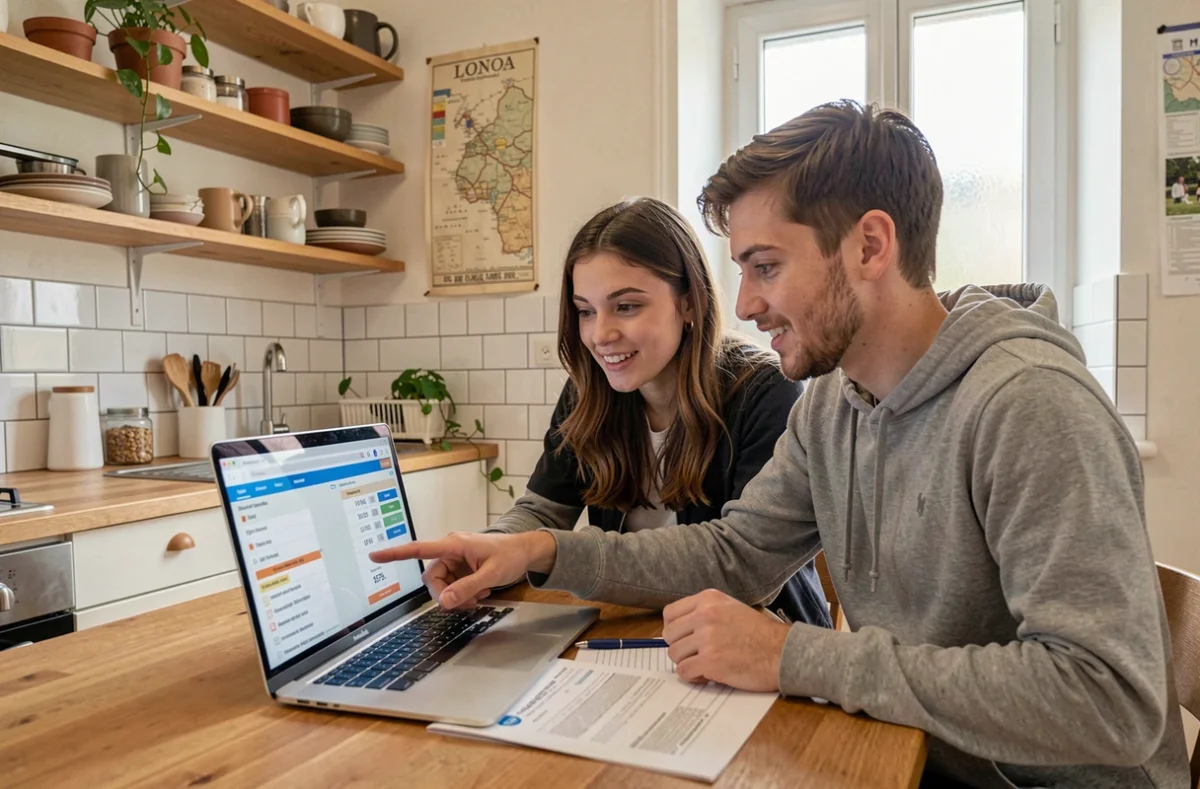 Deux colocataires étudiants examinant les prix de loyer et un bail pour un appartement à Lyon
