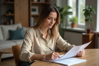 Femme comparant deux contrats de bail meublé et vide sur une table en bois dans un appartement moderne