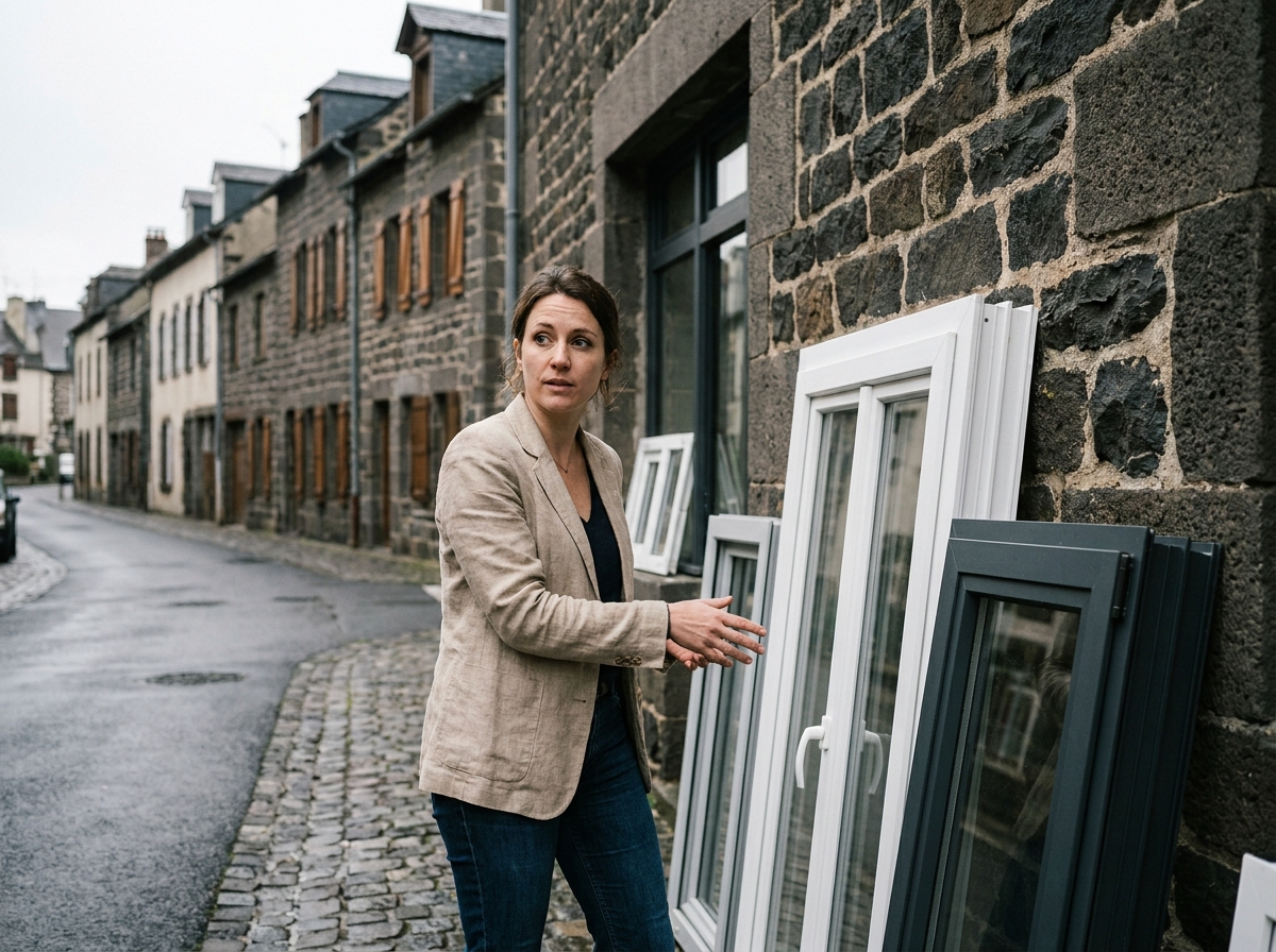 Femme comparant des échantillons de fenêtres PVC et aluminium devant une maison en pierre volcanique à Clermont-Ferrand
