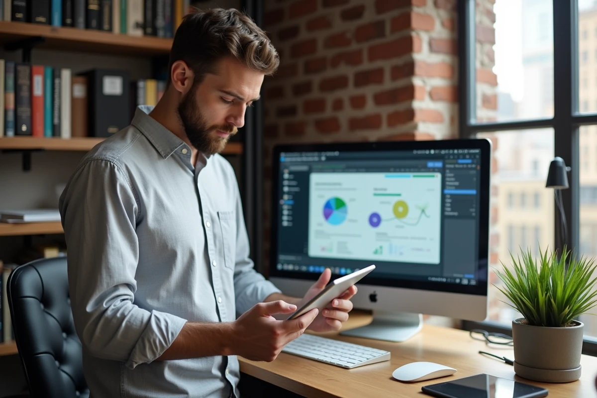 Homme configurant l'intégration d'un intranet avec des outils tiers depuis un bureau à domicile