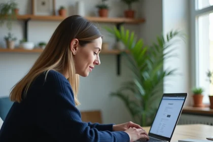Femme connectée à son espace client Foncia sur un ordinateur portable depuis son bureau à domicile