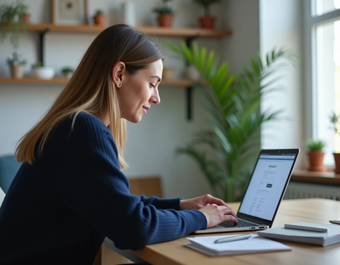 Femme connectée à son espace client Foncia sur un ordinateur portable depuis son bureau à domicile