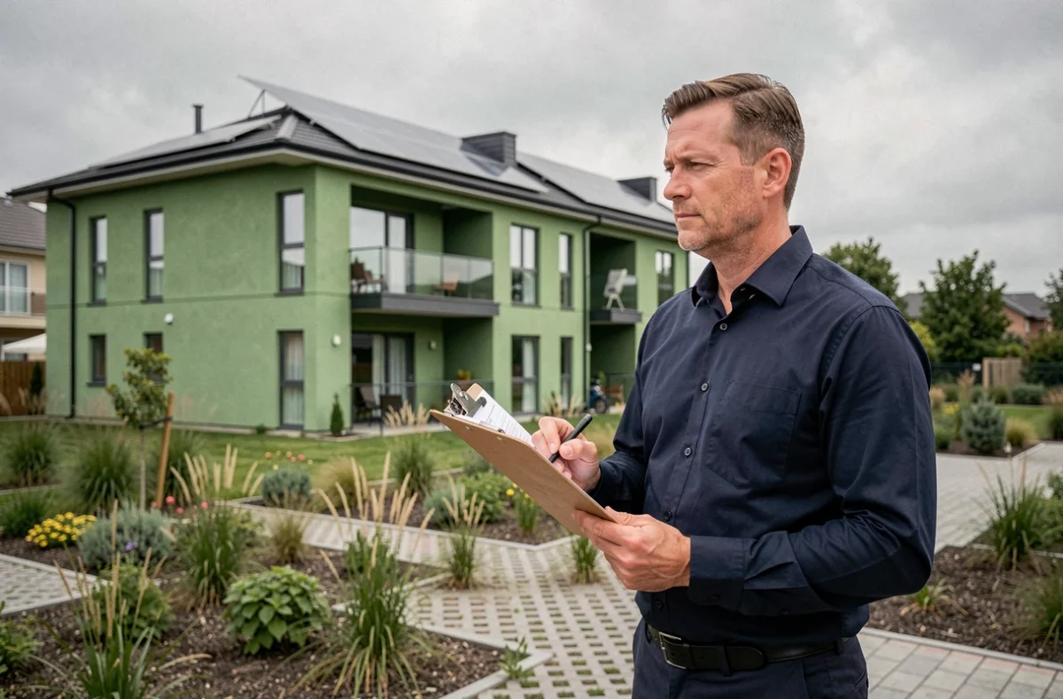 Conseiller immobilier inspectant un bâtiment certifié RSE lors d'une visite de site dans le cadre d'une stratégie d'achat responsable