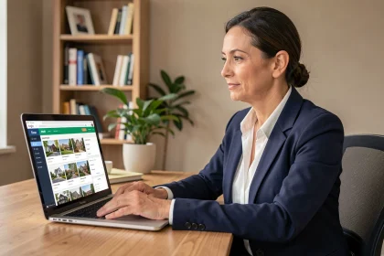 Conseillère immobilière IAD utilisant l'espace intranet sur son ordinateur portable dans un bureau à domicile