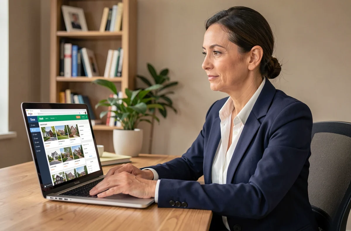 Conseillère immobilière IAD utilisant l'espace intranet sur son ordinateur portable dans un bureau à domicile
