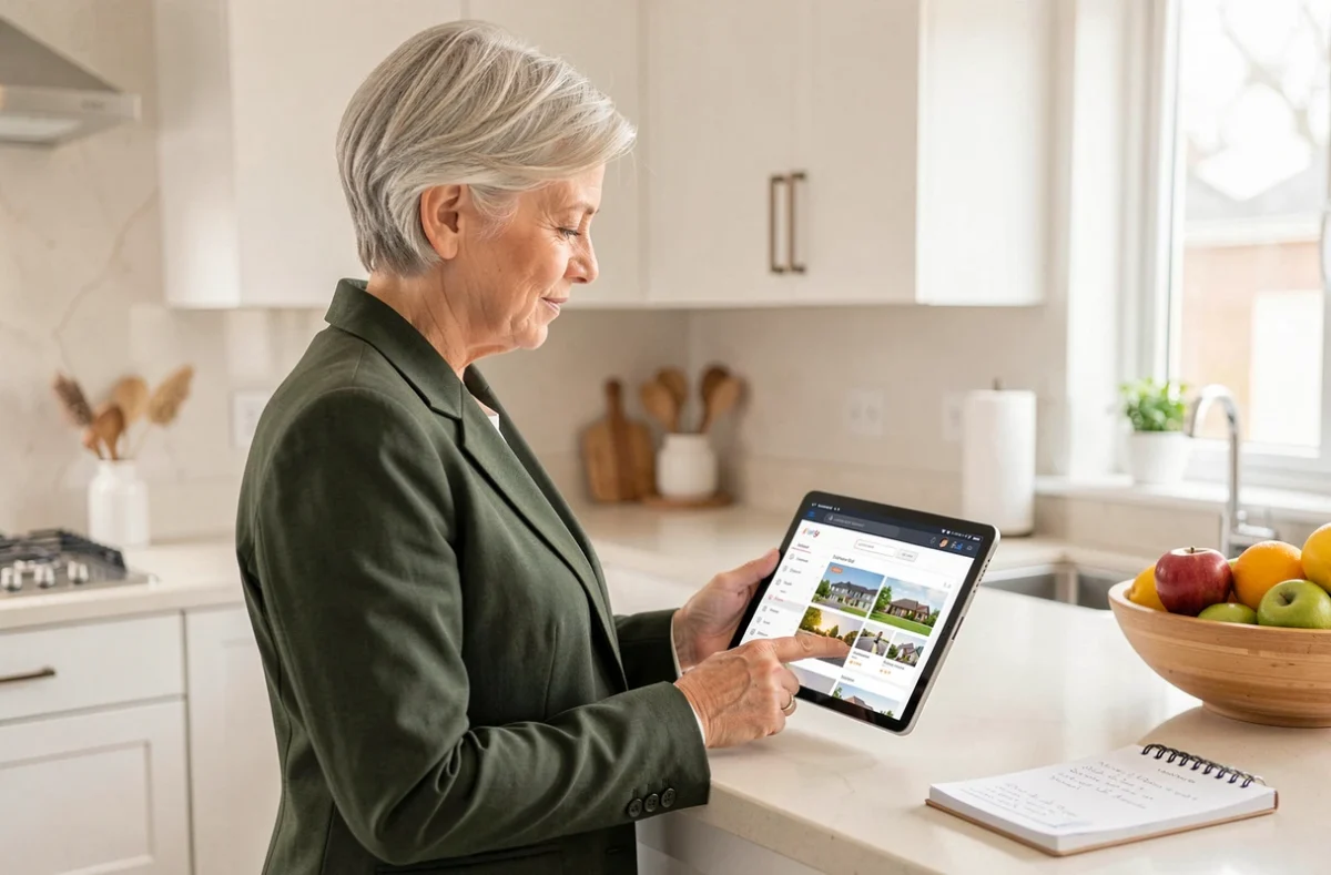Conseillère immobilière senior IAD consultant les outils de son espace intranet sur tablette dans sa cuisine