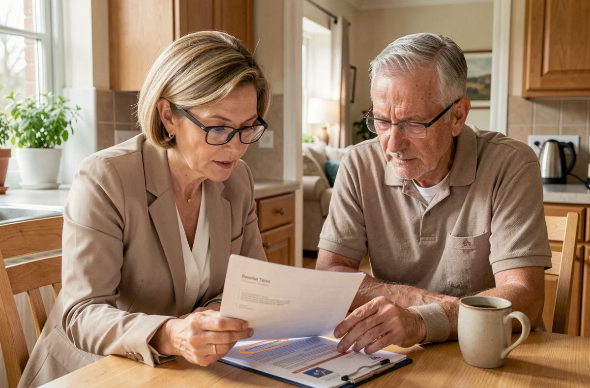 Consultante en assurance habitation en visite à domicile aidant un propriétaire à lire son contrat