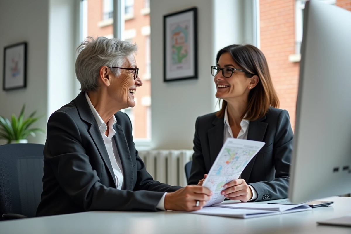Cliente discutant avec un agent immobilier dans une agence moderne de Toulouse avec vue sur les bâtiments en briques roses