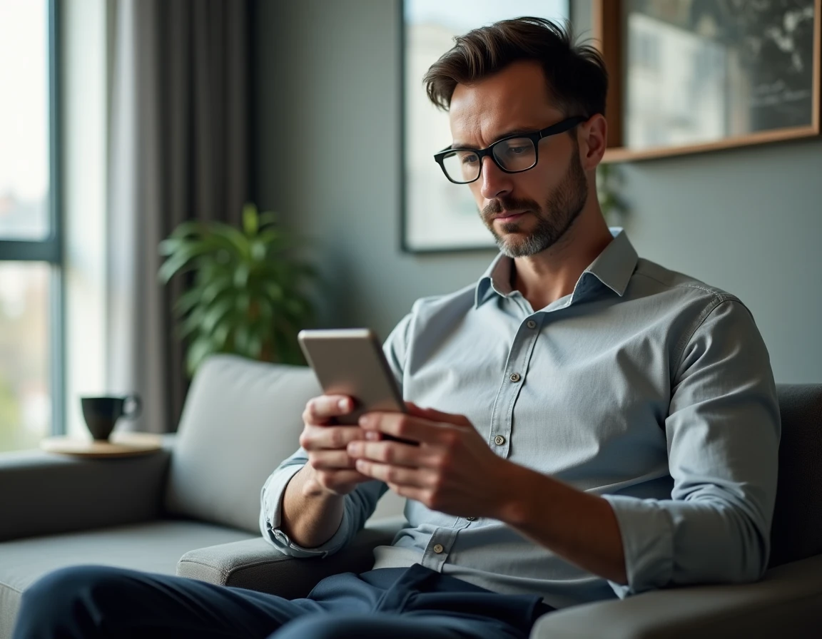 Homme consultant son compte Foncia sur smartphone dans un salon moderne