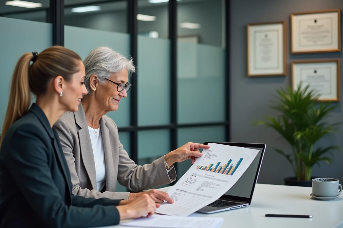 Une propriétaire senior consulte une conseillère immobilière pour simuler une vente en viager, dans un bureau professionnel