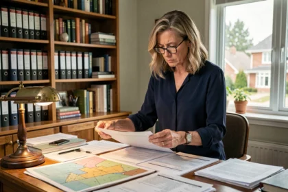 Femme consultant des documents cadastraux pour identifier le propriétaire d'une maison voisine lors d'un litige immobilier