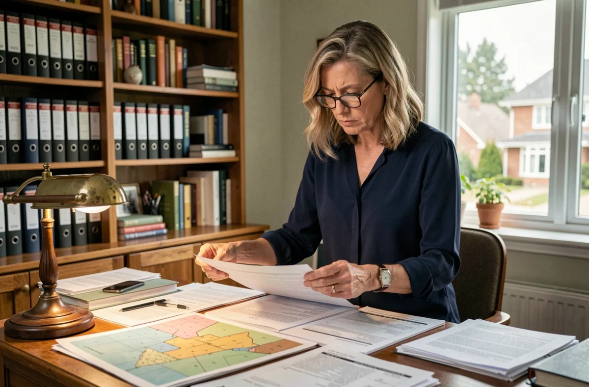 Femme consultant des documents cadastraux pour identifier le propriétaire d'une maison voisine lors d'un litige immobilier