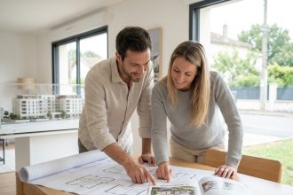 Couple étudiant des plans immobiliers dans un appartement témoin d'un programme neuf à Bagneux