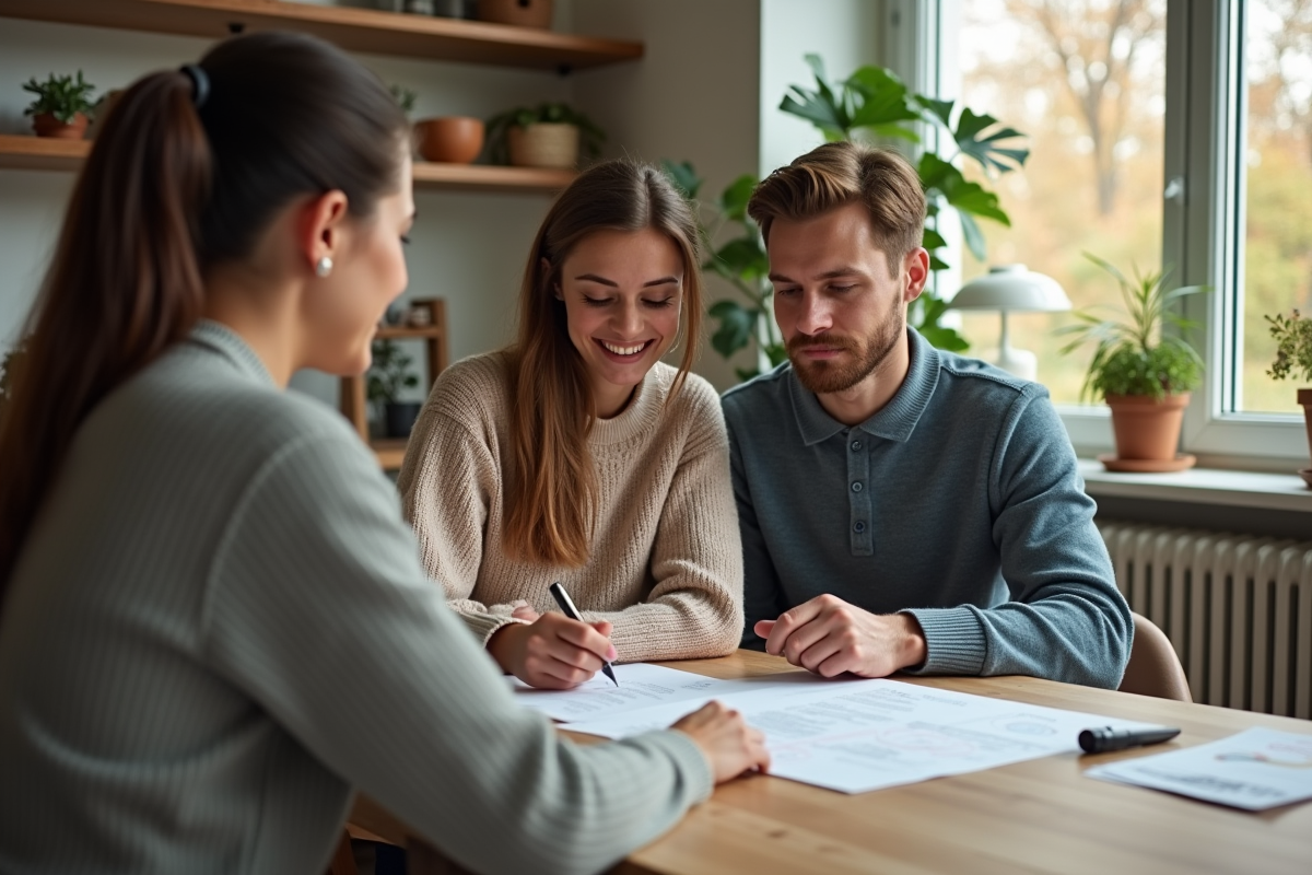Jeune couple discutant avec agent immobilier dans salon lumineux