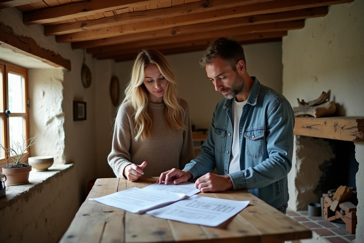 Couple visitant l'intérieur d'une maison de pêcheur bretonne lors d'une acquisition immobilière