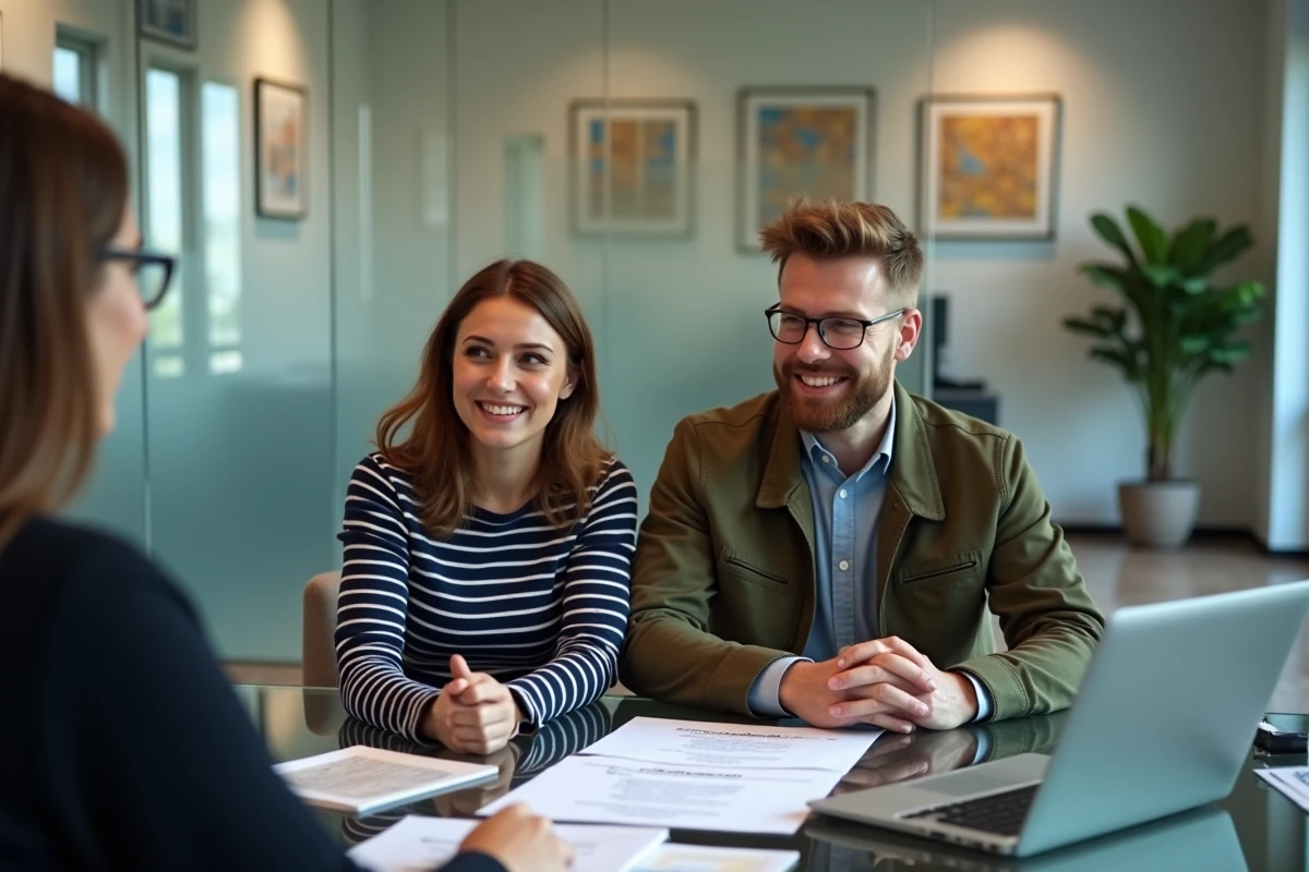 Couple en agence immobilière signant un bail locatif avec un agent pour un appartement meublé
