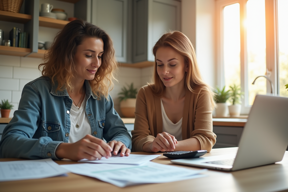 Jeune couple analysant des documents financiers à la maison