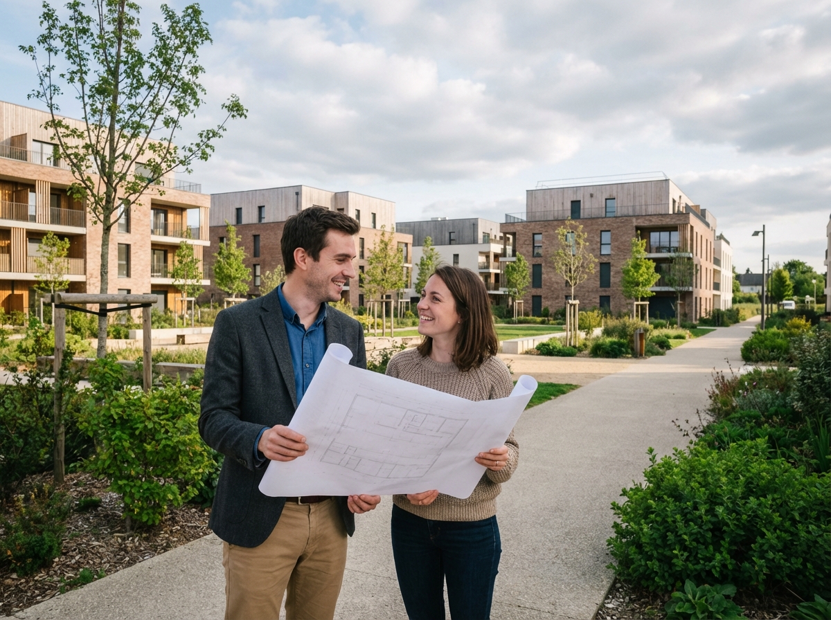 Couple souriant devant plans architecturaux à Bouguenais