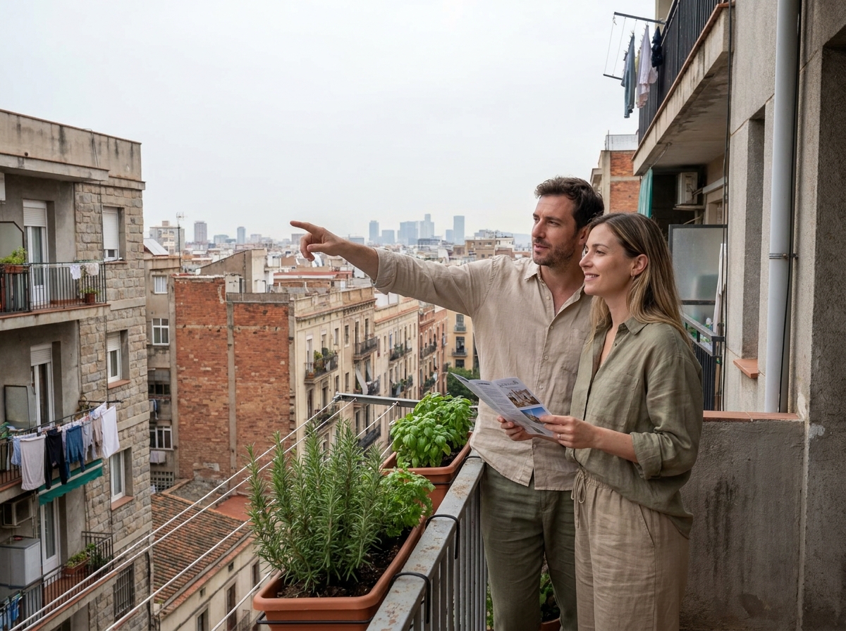 Couple en tenue décontractée observant un quartier résidentiel depuis le balcon d'un immeuble, symbolisant l'investissement immobilier locatif